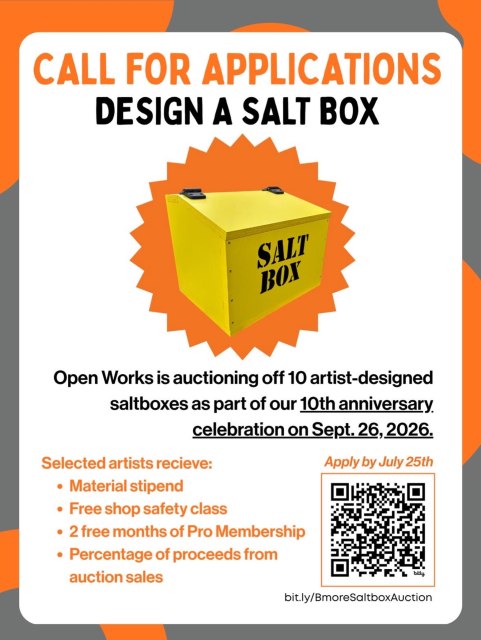 OMG! This is an amazing opportunity to try your hand at making Baltimore Saltbox Art while supporting and celebrating Open Works. 

Inspired by artist Juliet Ames, the Baltimore Crabtown Project, the Baltimore Beat, and the hardworking folks at Baltimore City Department of Public Works, Open Works is auctioning off 10 artist-designed saltboxes as part of their 10th anniversary celebration on Sept. 26, 2026. Applications due by July 25. Link in Bio for details.

@open_works_bmore 
@baltimorebeat 
@thebrokenplate_jules 
@frank_perrelli 
@bmorecitydot 

#baltimoresaltbox #saltboxart #saltbox #baltimore
